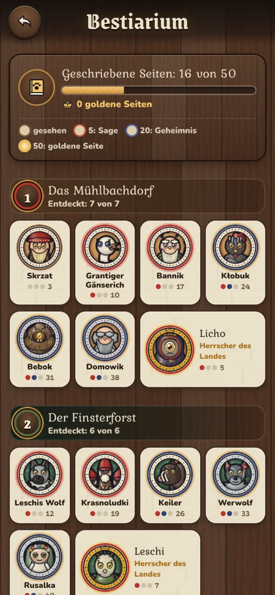 Bildschirmfoto: das Bestiarium mit Kreaturenkarten.